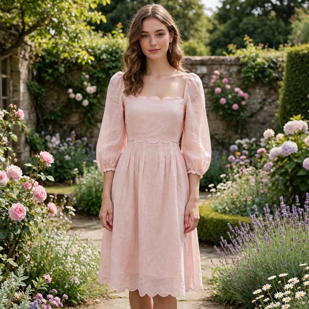 Mable Pink Linen‎ Dress Open Back Puff Sleeve Scalloped Hem Square Neck Large